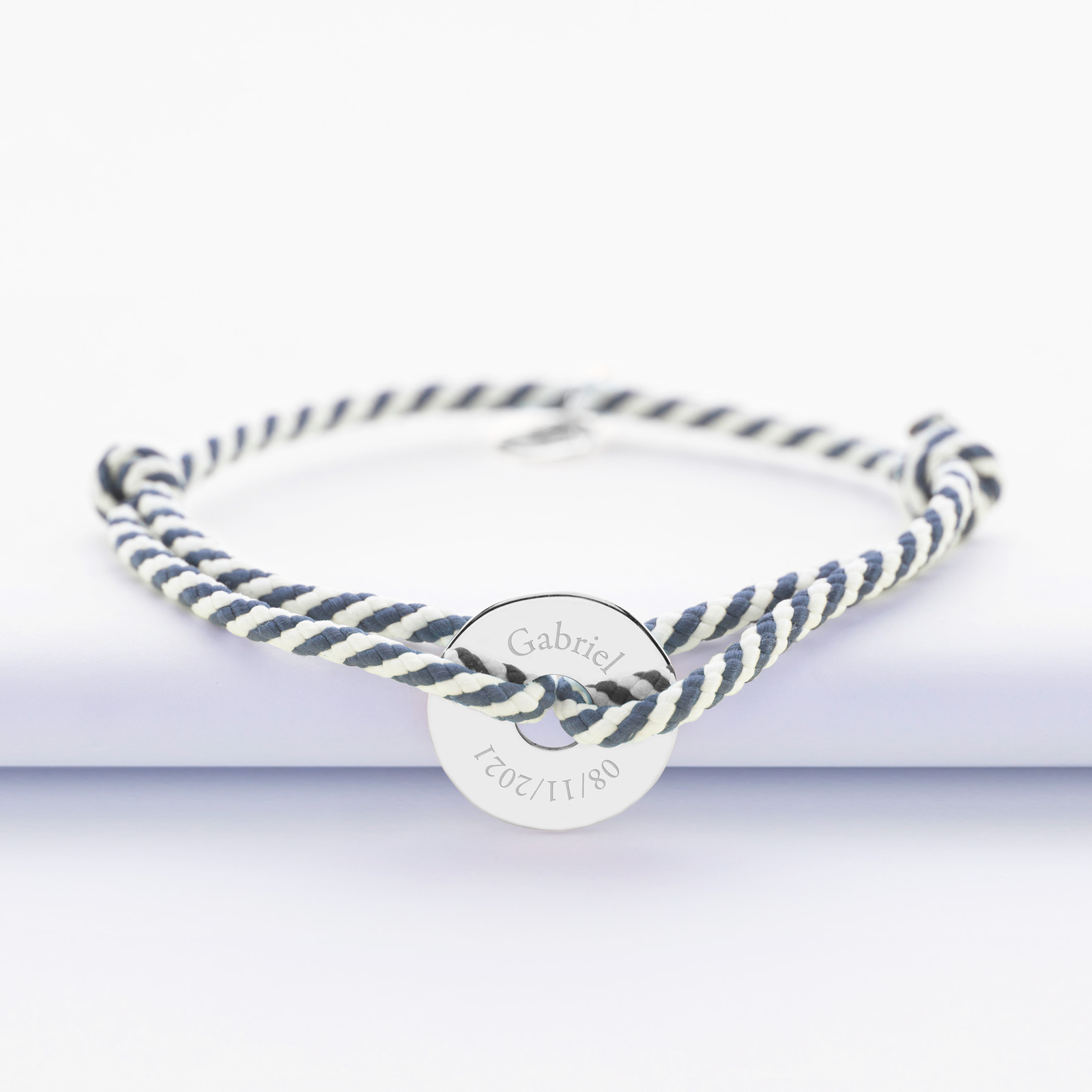 Men's Marine Cord Personalised Bracelet with 16 mm Silver Engraved Open Disc