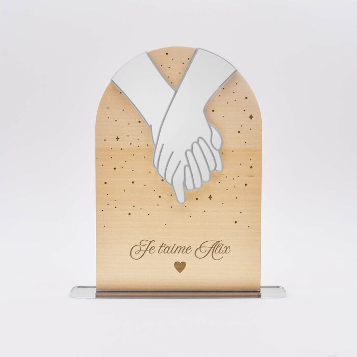 Cadre bois constellation personnalisé gravé avec Mains "ensemble" acrylique miroir argenté 10x15 cm - je t'aime
