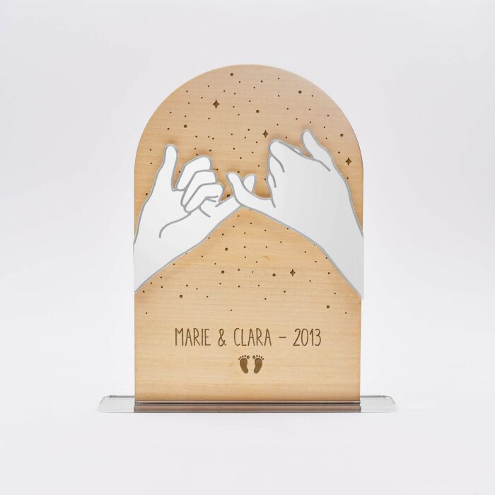 Cadre bois constellation personnalisé gravé avec Mains "ensemble" acrylique miroir argenté 10x15 cm - naissance