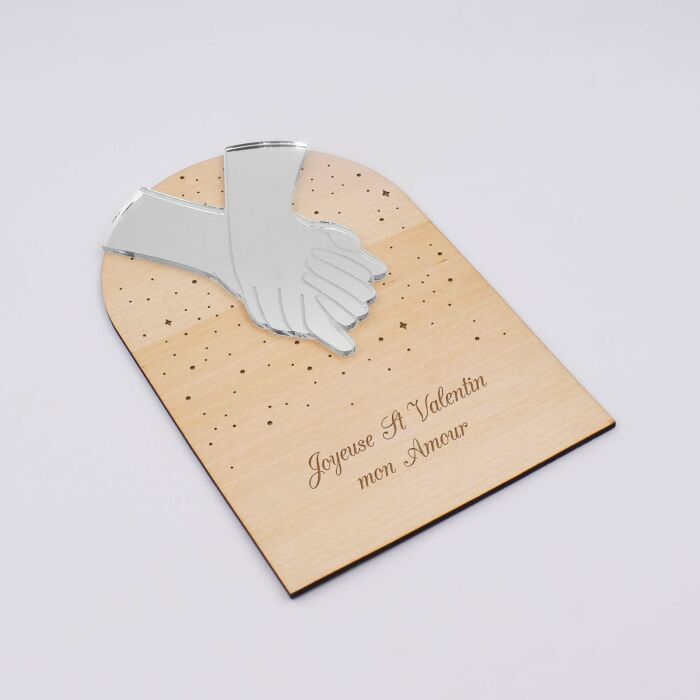 Cadre bois constellation personnalisé gravé avec Mains "ensemble" acrylique miroir argenté 10x15 cm - saint valentin