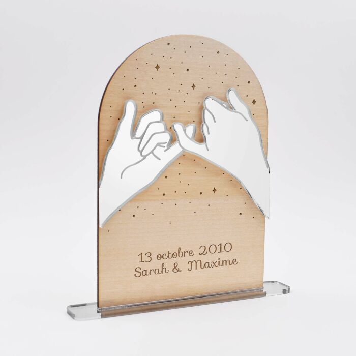 Cadre bois constellation personnalisé gravé avec Mains "ensemble" acrylique miroir argenté 10x15 cm - date et prénoms
