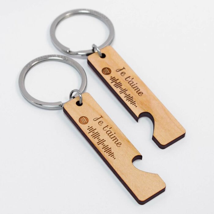 Duo de porte-clés cœurs Spotify personnalisés médailles gravées bois plaques 16x66 mm - je t'aime