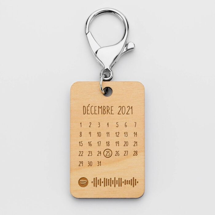 Porte-clés Spotify personnalisé calendrier médaille rectangle gravée bois 55x35 mm - décembre