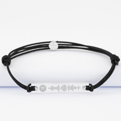 Bracelet homme personnalisé Spotify cordon doublé médaille gravée argent plaque 42x8 mm - face