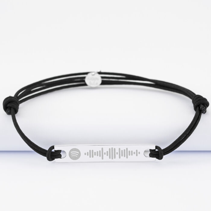 Bracelet homme personnalisé Spotify cordon doublé médaille gravée argent plaque 42x8 mm - face