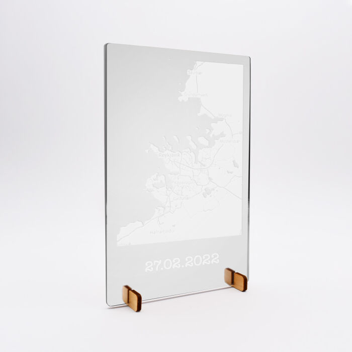 Cadre "Géo map" personnalisé acrylique miroir argenté gravé 15x10 cm avec support - date