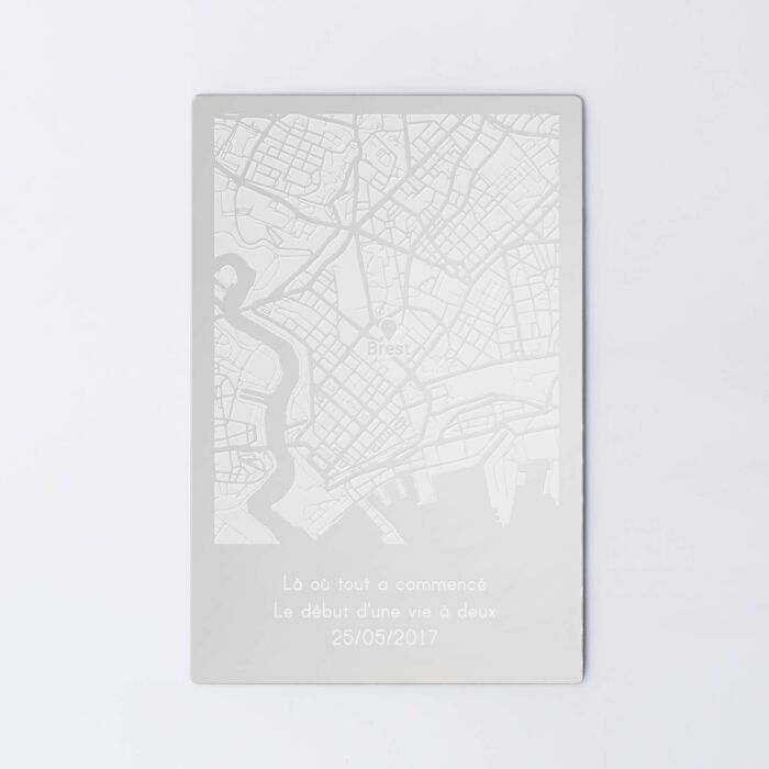 Cadre "Géo map" personnalisé acrylique miroir argenté gravé 15x10 cm avec support