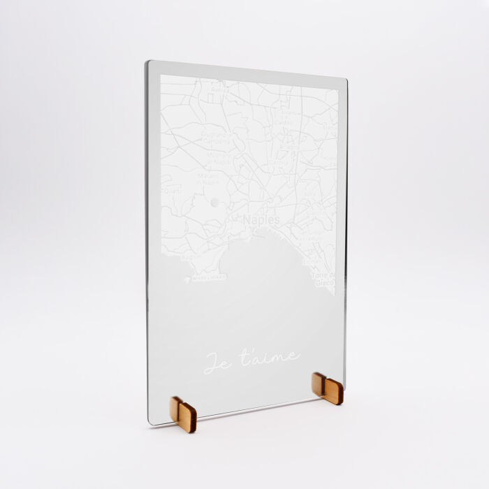 Cadre "Géo map" personnalisé acrylique miroir argenté gravé 15x10 cm avec support - je t'aime