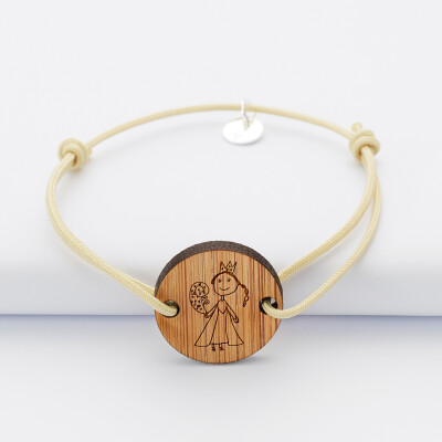 Bracelet personnalisé médaille gravée bois ronde 2 trous 21mm - dessin Bracelet personnalisé médaille gravée bois ronde 2 trous 21mm - dessin