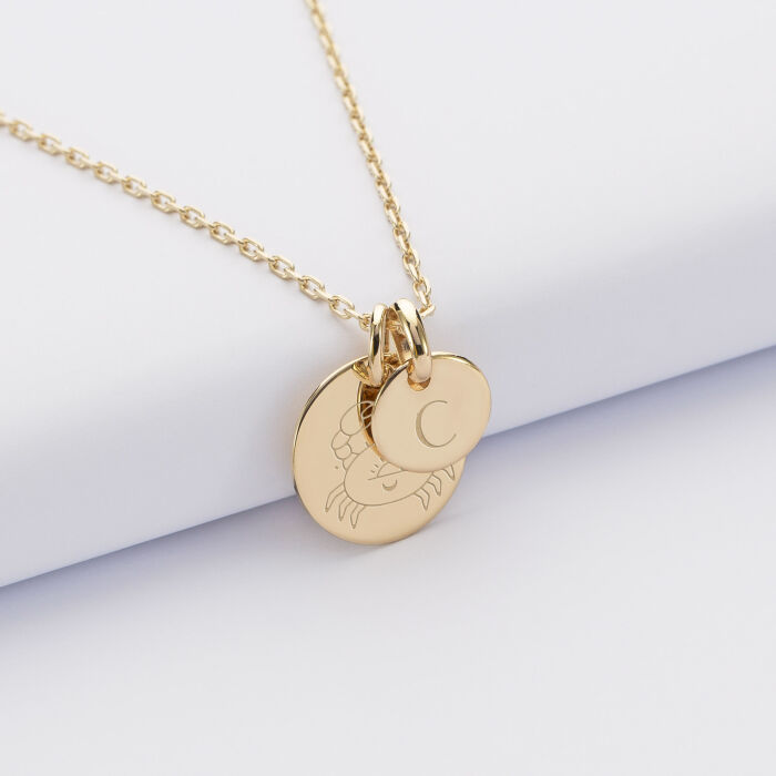 Pendentif personnalisé médaille gravée plaqué or 15 mm et breloque ronde 10 mm illustration