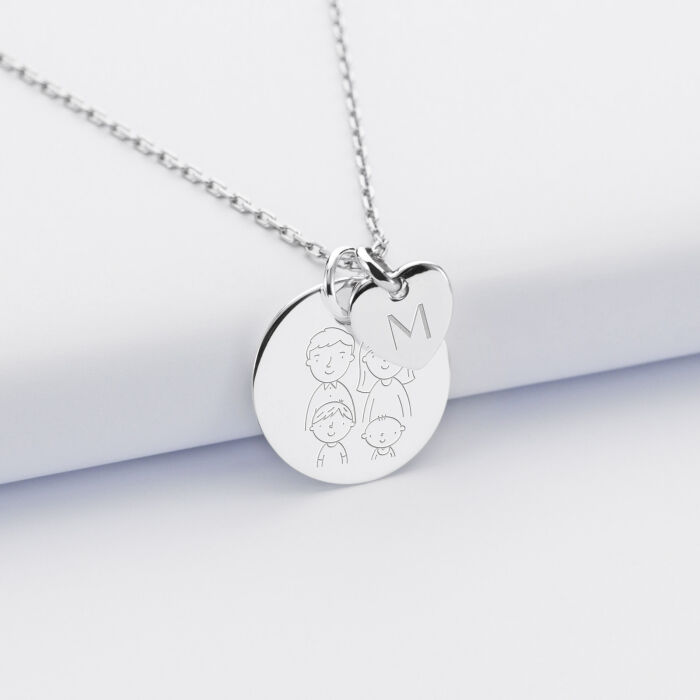 Pendentif personnalisé médaille gravée argent 19 mm et breloque coeur 10 mm illustration