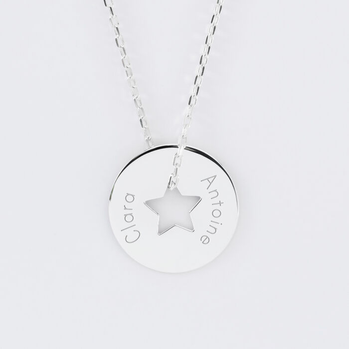 Pendentif personnalisé médaille gravée argent cible étoile 21 mm - prénoms 2