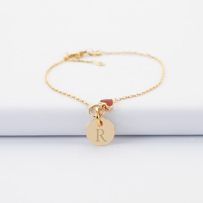 Bracelet enfant chaîne cœur émail rouge personnalisé médaille gravée plaqué or 10 mm - R
