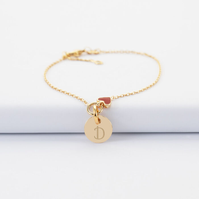Bracelet enfant chaîne cœur émail rouge personnalisé médaille gravée plaqué or 10 mm - D