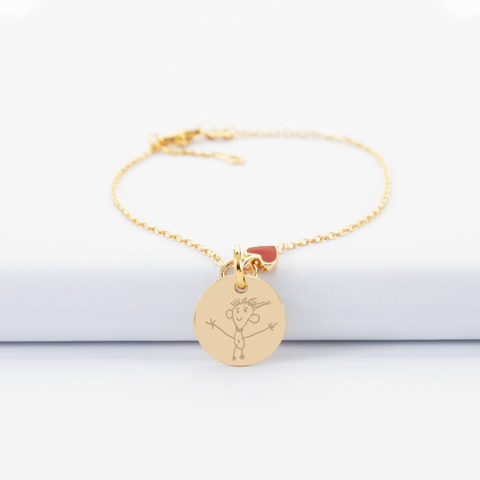 Bracelet enfant chaîne cœur émail rouge personnalisé médaille gravée plaqué or 15 mm - dessin