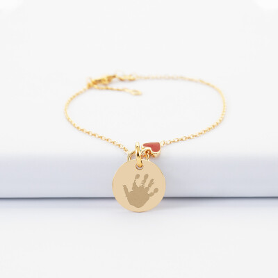 Bracelet enfant chaîne cœur émail rouge personnalisé médaille gravée plaqué or 15 mm - empreinte