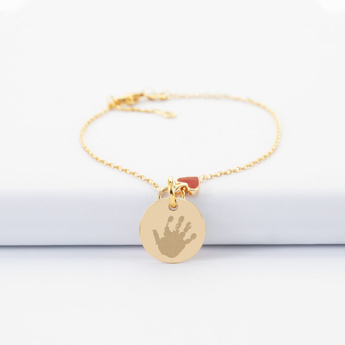 Bracelet enfant chaîne cœur émail rouge personnalisé médaille gravée plaqué or 15 mm - empreinte