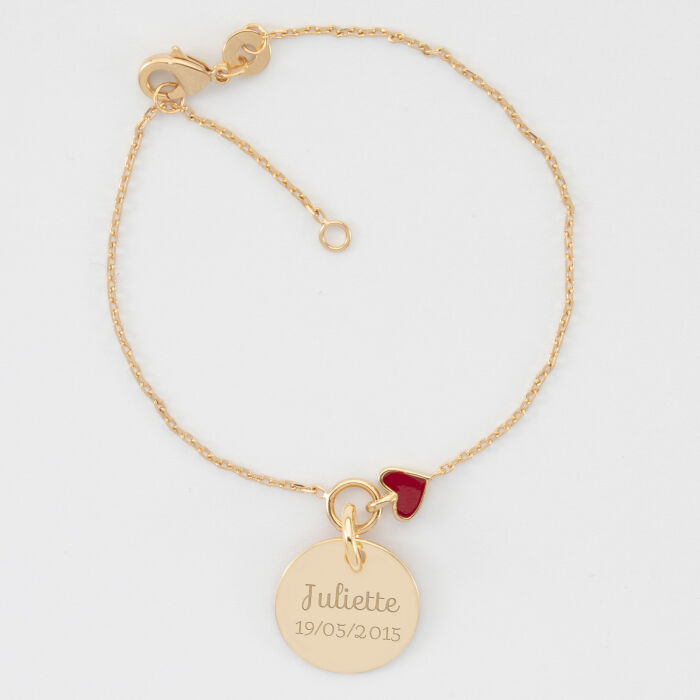 Bracelet enfant chaîne cœur émail rouge personnalisé médaille gravée plaqué or 15 mm - prnéom date