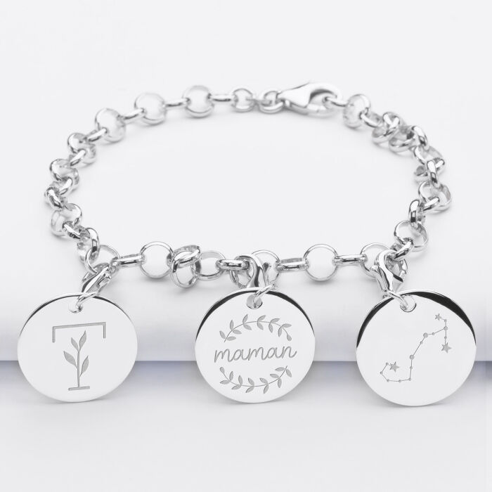 Bracelet personnalisé 3 charms gravés argent 17mm illustrations