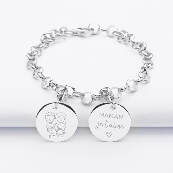 Bracelet personnalisé 2 charms gravés argent 17mm illustrations
