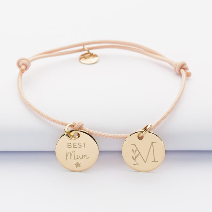 Bracelet personnalisé 2 médailles gravées plaqué or dormeuses 15mm - illustration