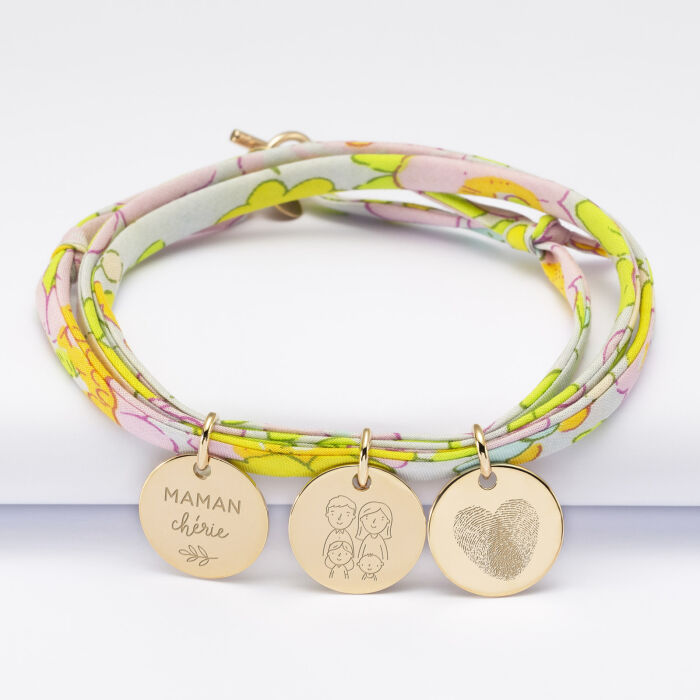 Bracelet 3 tours Liberty personnalisé 3 médailles gravées plaqué or 15 mm - illustration