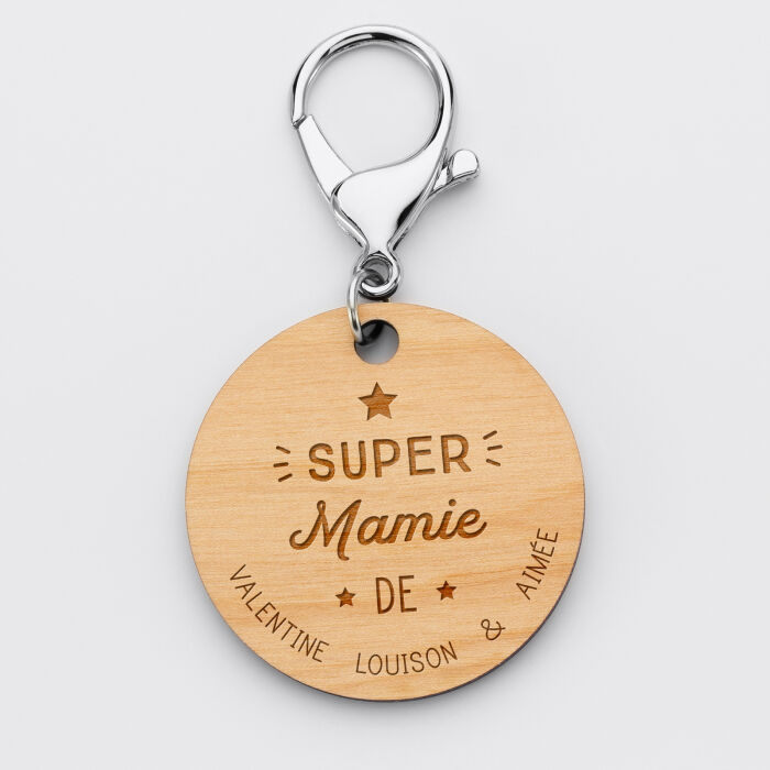 Porte-clés personnalisé prénoms médaille gravée bois ronde 50 mm "Super Mamie"
