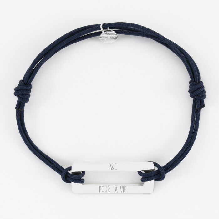 Bracelet homme personnalisé cordon doublé médaille gravée acier cible rectangle 32x14 mm - pour la vie