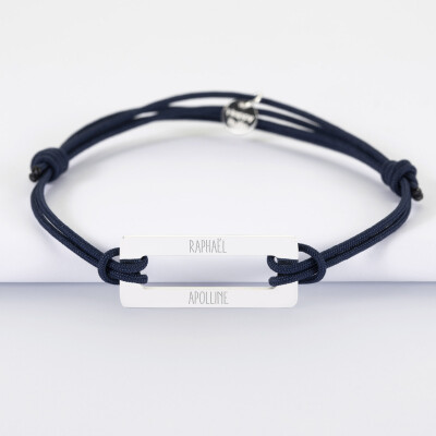 Bracelet homme personnalisé cordon doublé médaille gravée acier cible rectangle 32x14 mm - prénoms