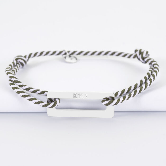 Bracelet homme personnalisé cordon tressé médaille gravée acier cible rectangle 32x14 mm - bonheur
