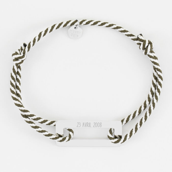 Bracelet homme personnalisé cordon tressé médaille gravée acier cible rectangle 32x14 mm - date