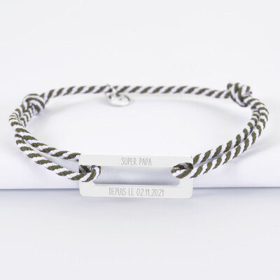 Bracelet homme personnalisé cordon tressé médaille gravée acier cible rectangle 32x14 mm - super papa