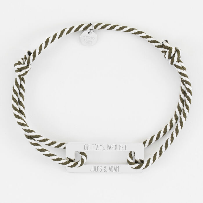Bracelet homme personnalisé cordon tressé médaille gravée acier cible rectangle 32x14 mm - on t'aime