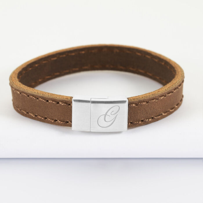 Bracelet homme personnalisé manchette cuir marron médaille gravée acier - G