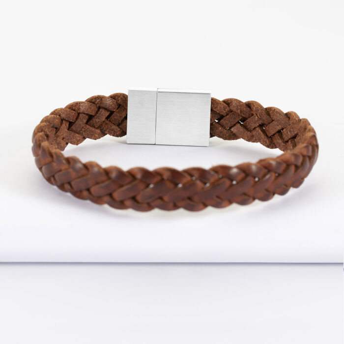 Bracelet homme personnalisé cuir tressé fermoir gravé acier 15x15 mm - dos