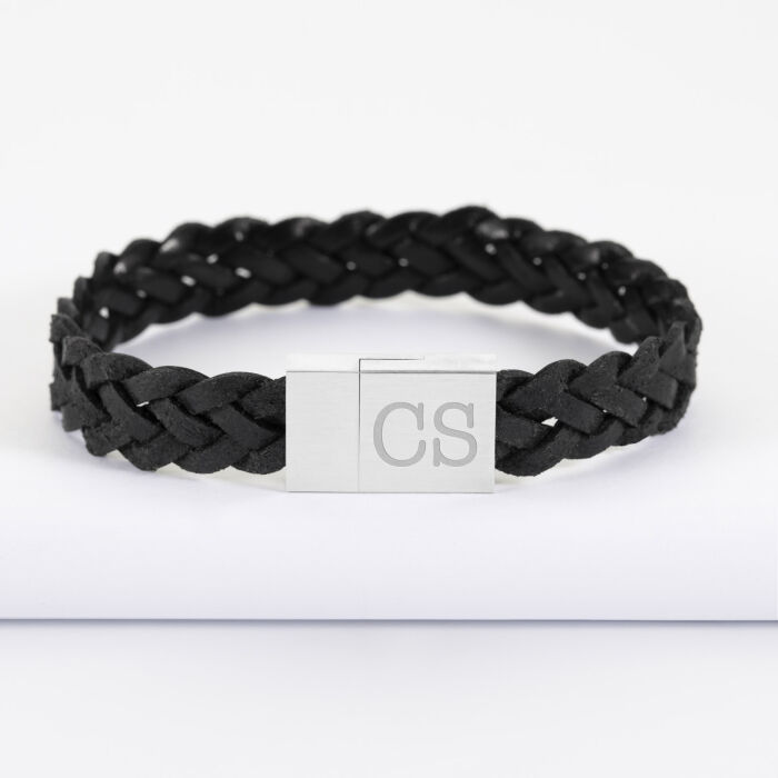 Bracelet homme personnalisé cuir tressé fermoir gravé acier 15x15 mm - face 2 initiales