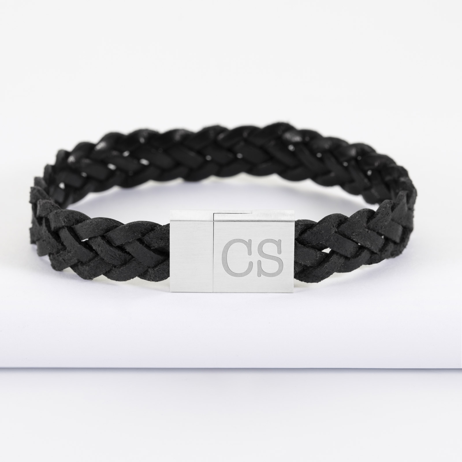 Bracelet Homme Bicolore Cuir Tresse Fermoir Acier Noir Amante