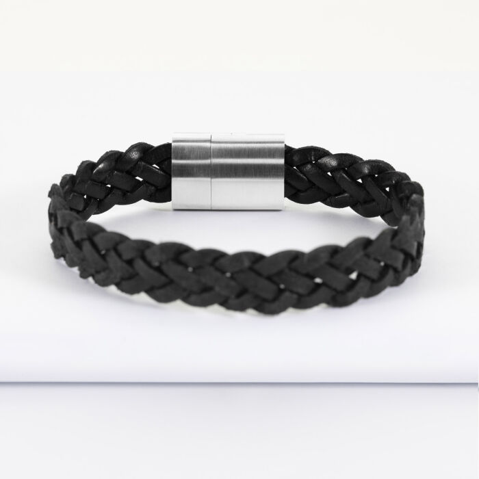 Bracelet homme personnalisé cuir tressé fermoir gravé acier 15x15 mm - dos