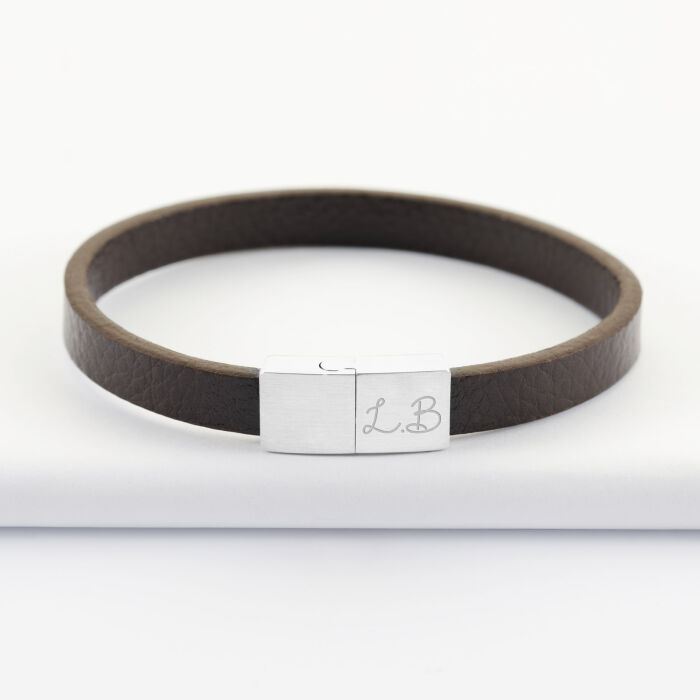 Bracelet homme personnalisé cuir fermoir gravé acier 11x10 mm - initiales