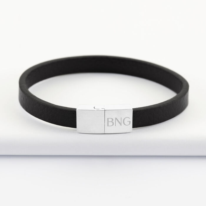Bracelet homme personnalisé cuir fermoir gravé acier 11x10 mm - noir