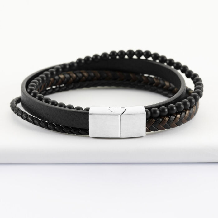 Bracelet homme cuir et perles fermoir acier 15x15 mm - face