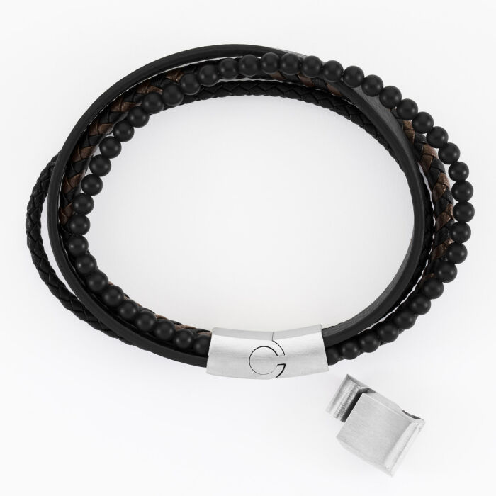 Bracelet homme cuir et perles fermoir acier 15x15 mm - pièces