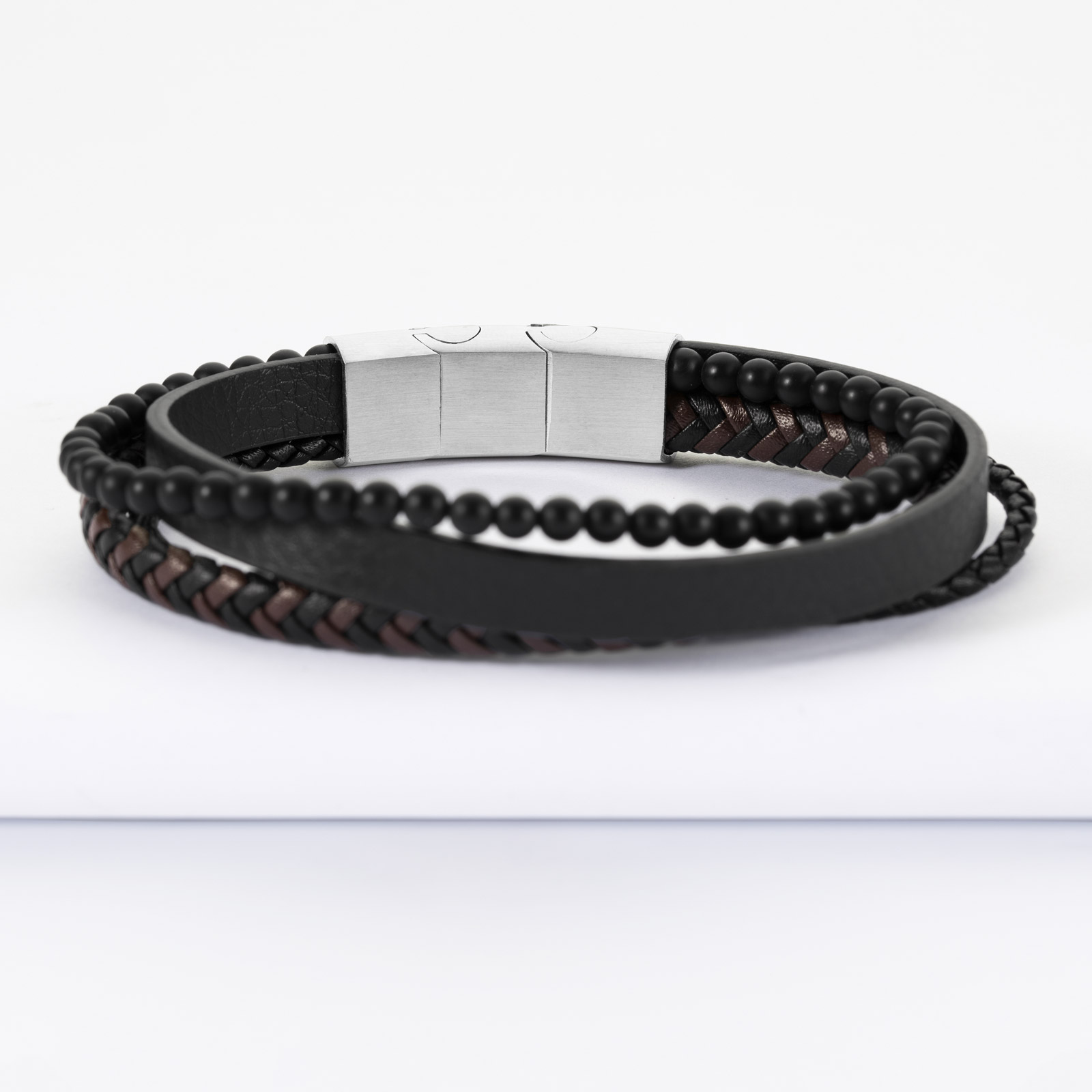 Bracelet Homme Double Lien Cuir Noir Et Fermoir Acier - Cadeau Fête Des Pères - Neuf Avec étiquettes