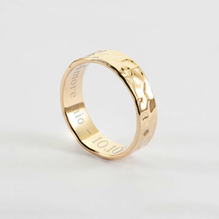 Bague martelée personnalisée plaqué or 5 mm - texte et date