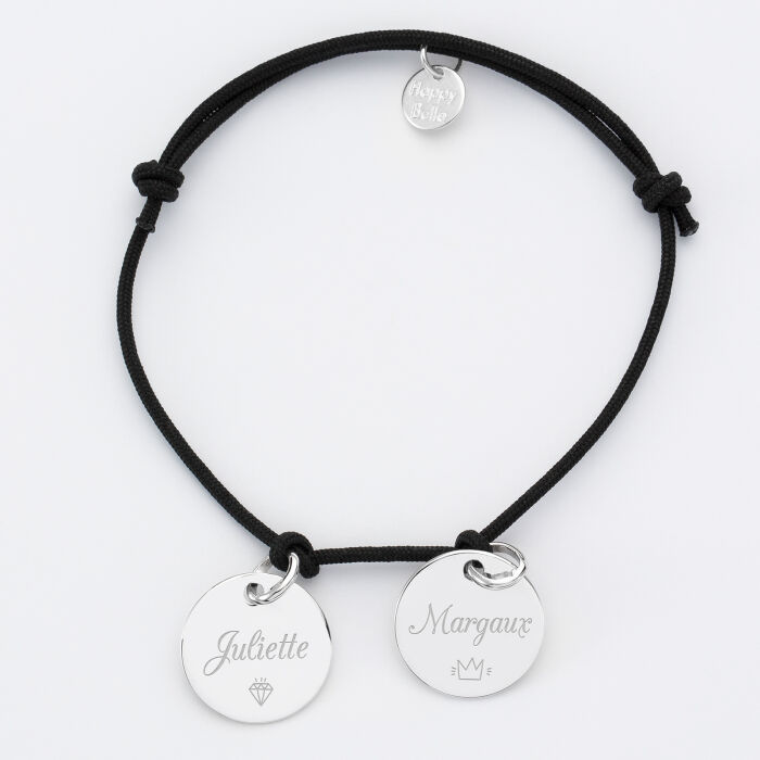 Bracelet personnalisé 2 médailles gravées argent dormeuse 15mm prénoms
