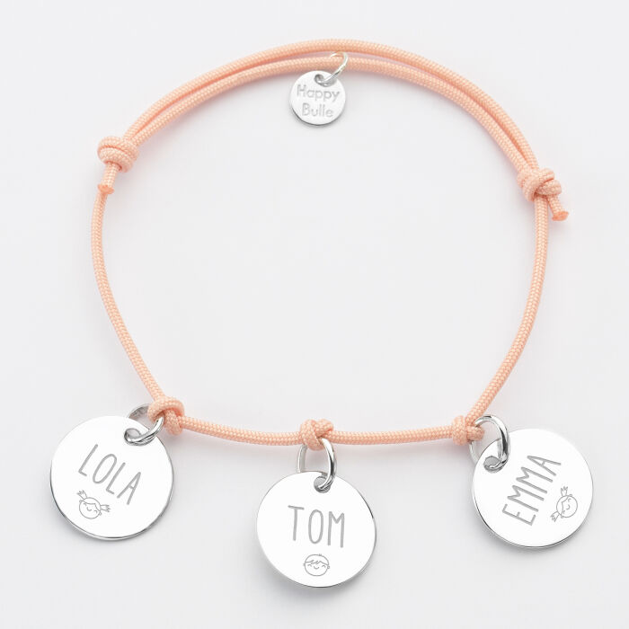 Bracelet personnalisé 3 médailles gravées argent 15 mm prénoms