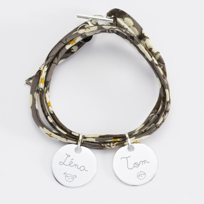 Bracelet 3 tours Liberty personnalisé 2 médailles gravées argent 19 mm - prénoms