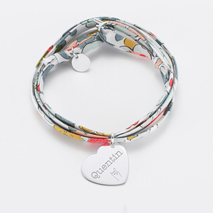 Bracelet 3 tours Liberty personnalisé médaille gravée argent dormeuse coeur 19x21 mm - prénom