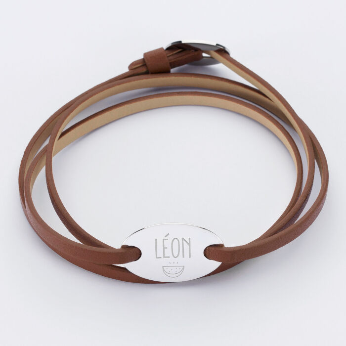 Bracelet 3 tours cuir personnalisé médaille gravée argent ovale 2 trous 25x16 mm - prénoms