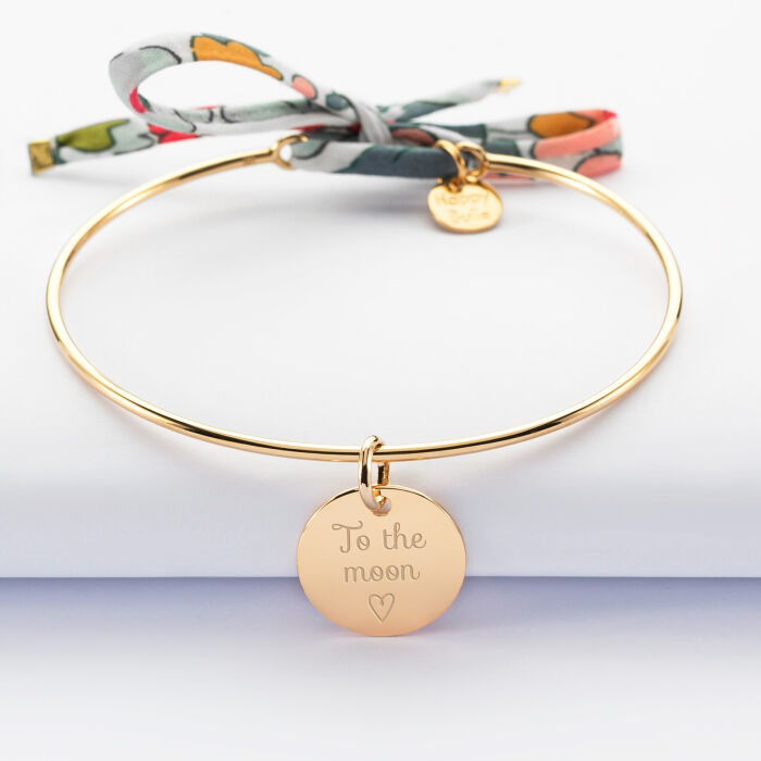 Personalised gold plated bangle with Liberty cord and engraved medallion 15mm